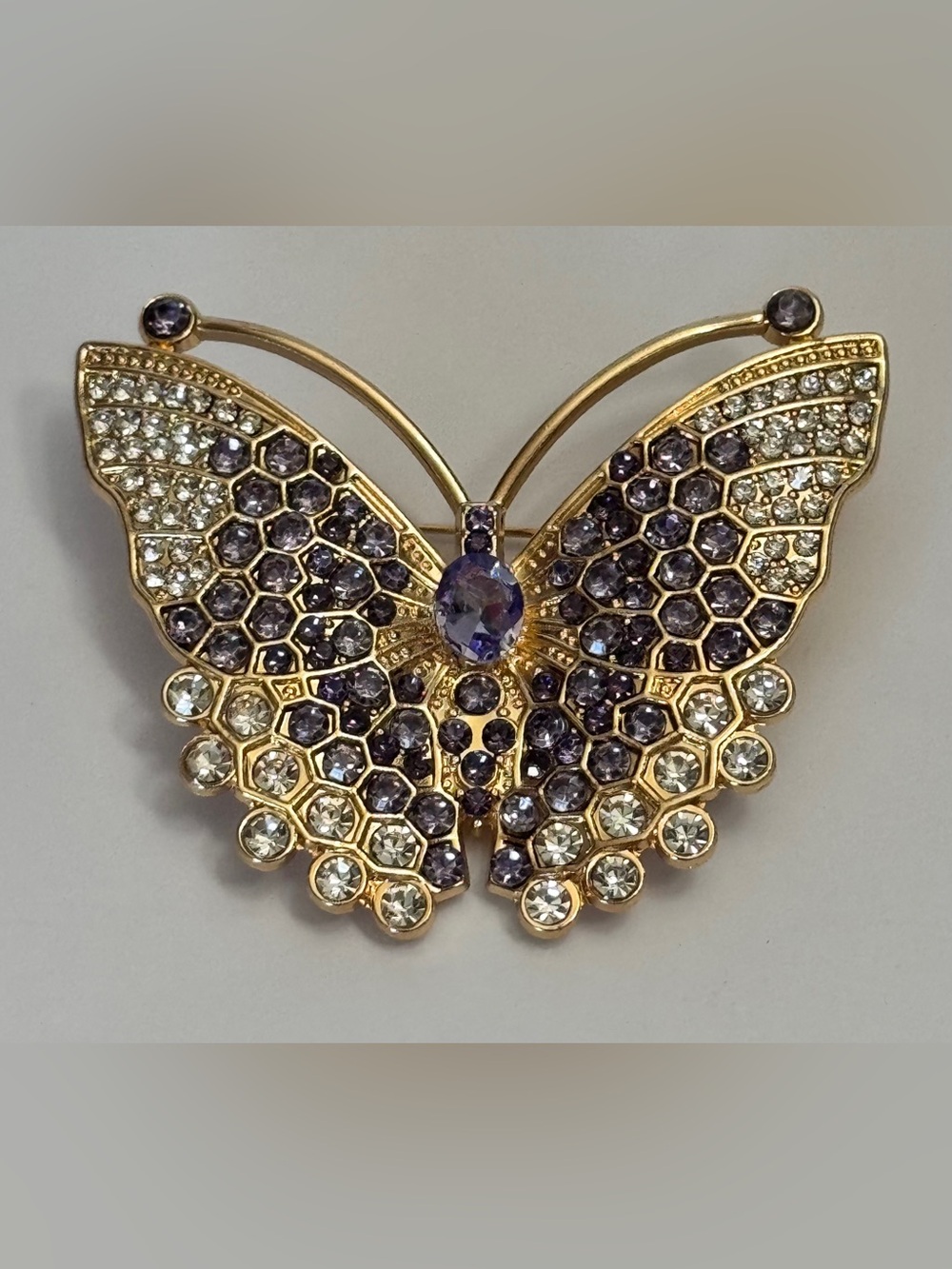Purple Rhinestone Butterfly Brooch Gold Tone Statement Pin